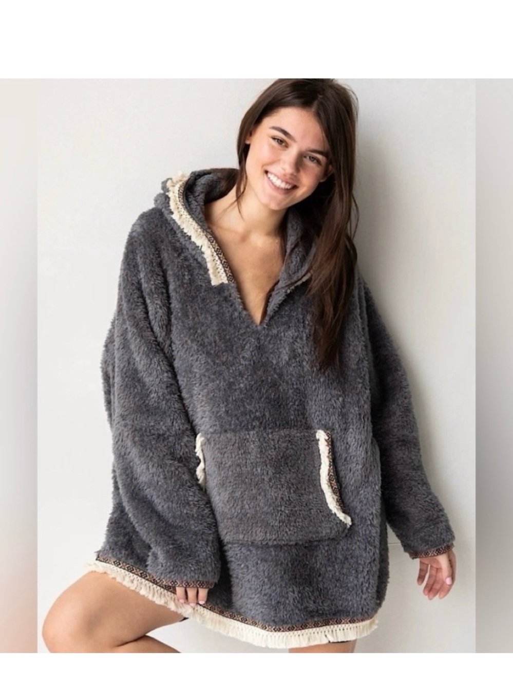 NATURAL LIFE Plush Hooded Pullover - Charcoal with Cream Accents